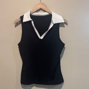Black and White Sleeveless Collared Top